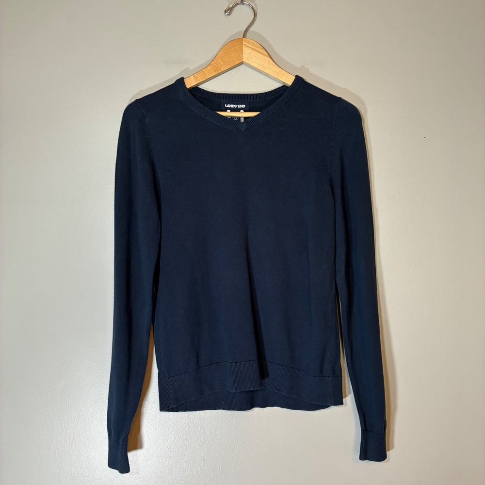 Lands End Navy Blue V-Neck Cotton Modal Knit Sweater Girls Large 14-16 Pullover